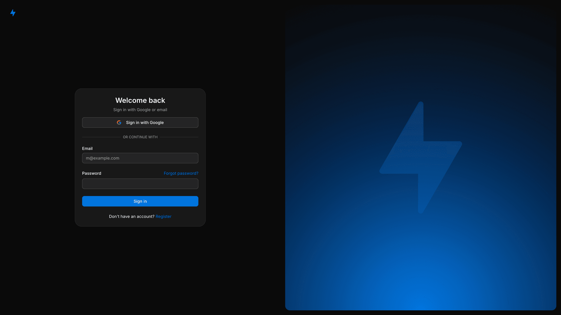 Screenshot of the app's sign-in page with Google OAuth button, email/password form, and a blue lightning bolt graphic