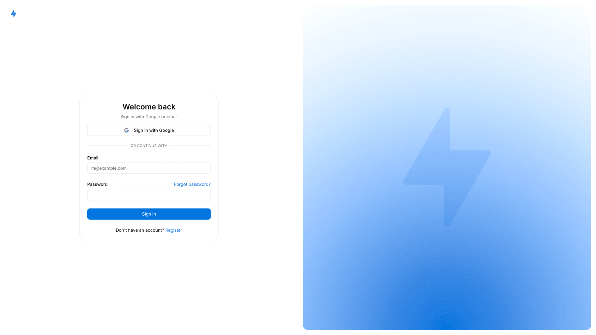 Screenshot of the app's sign-in page with Google OAuth button, email/password form, and a blue lightning bolt graphic