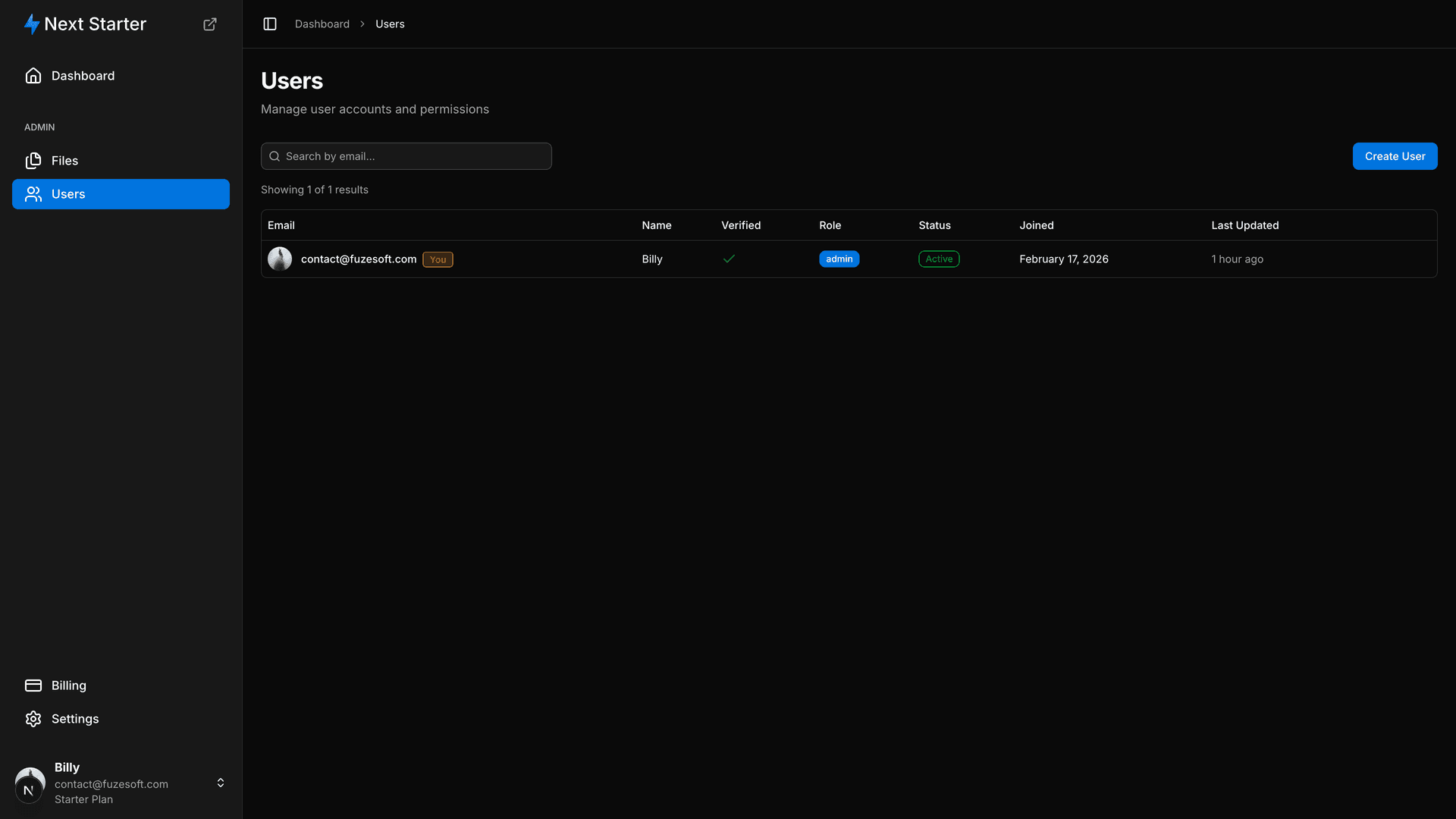Screenshot of the admin users management page