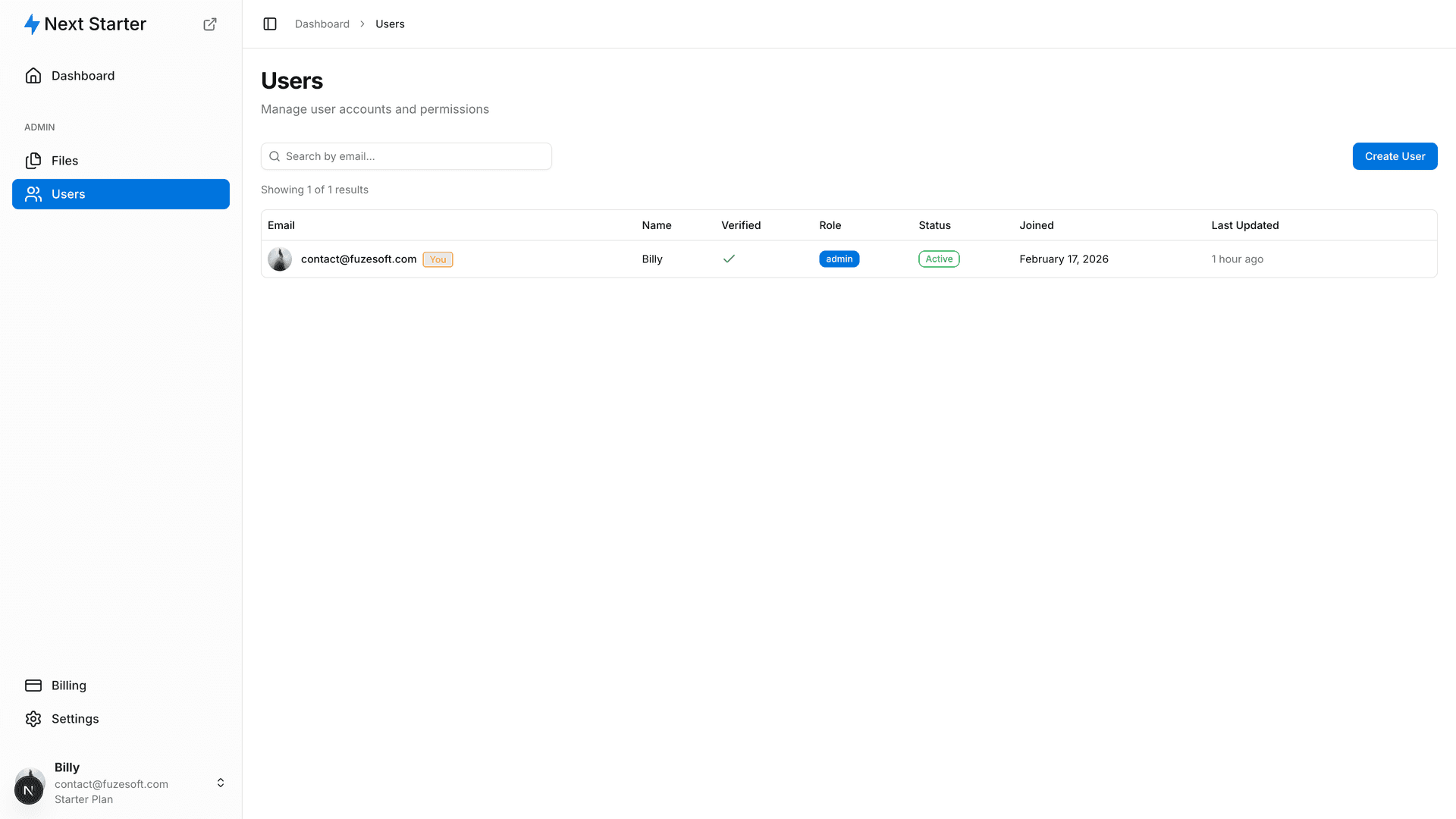 Screenshot of the admin users management page