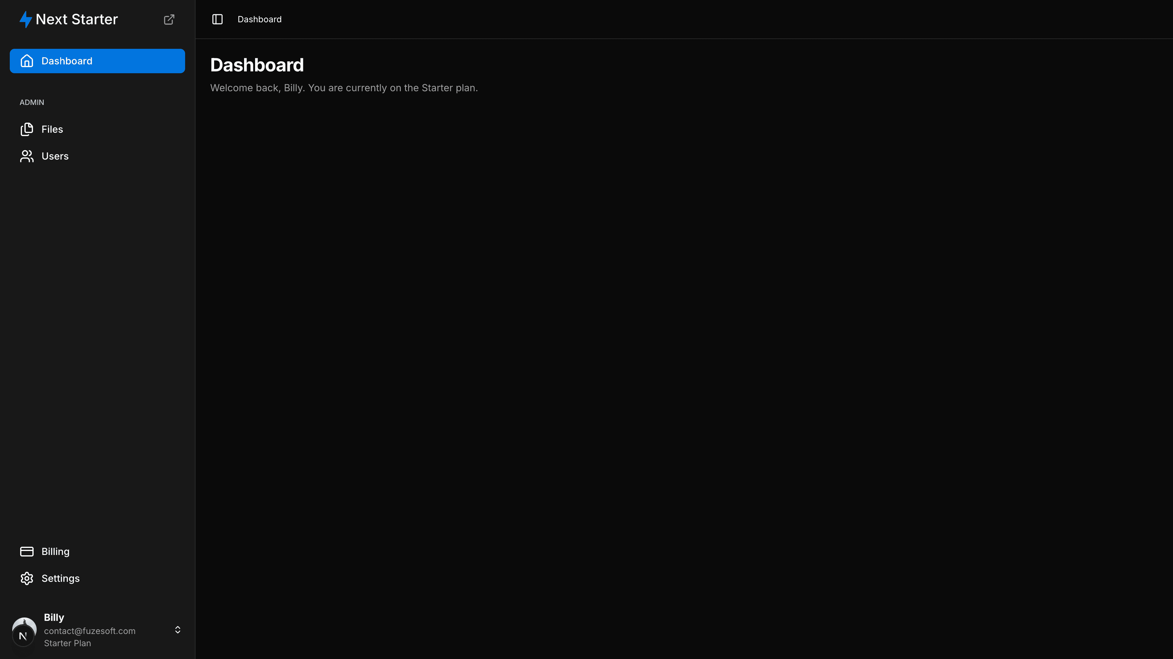 Screenshot of the app's dashboard page showing sidebar navigation with Dashboard, Files, Users, Billing, Settings links and a welcome message