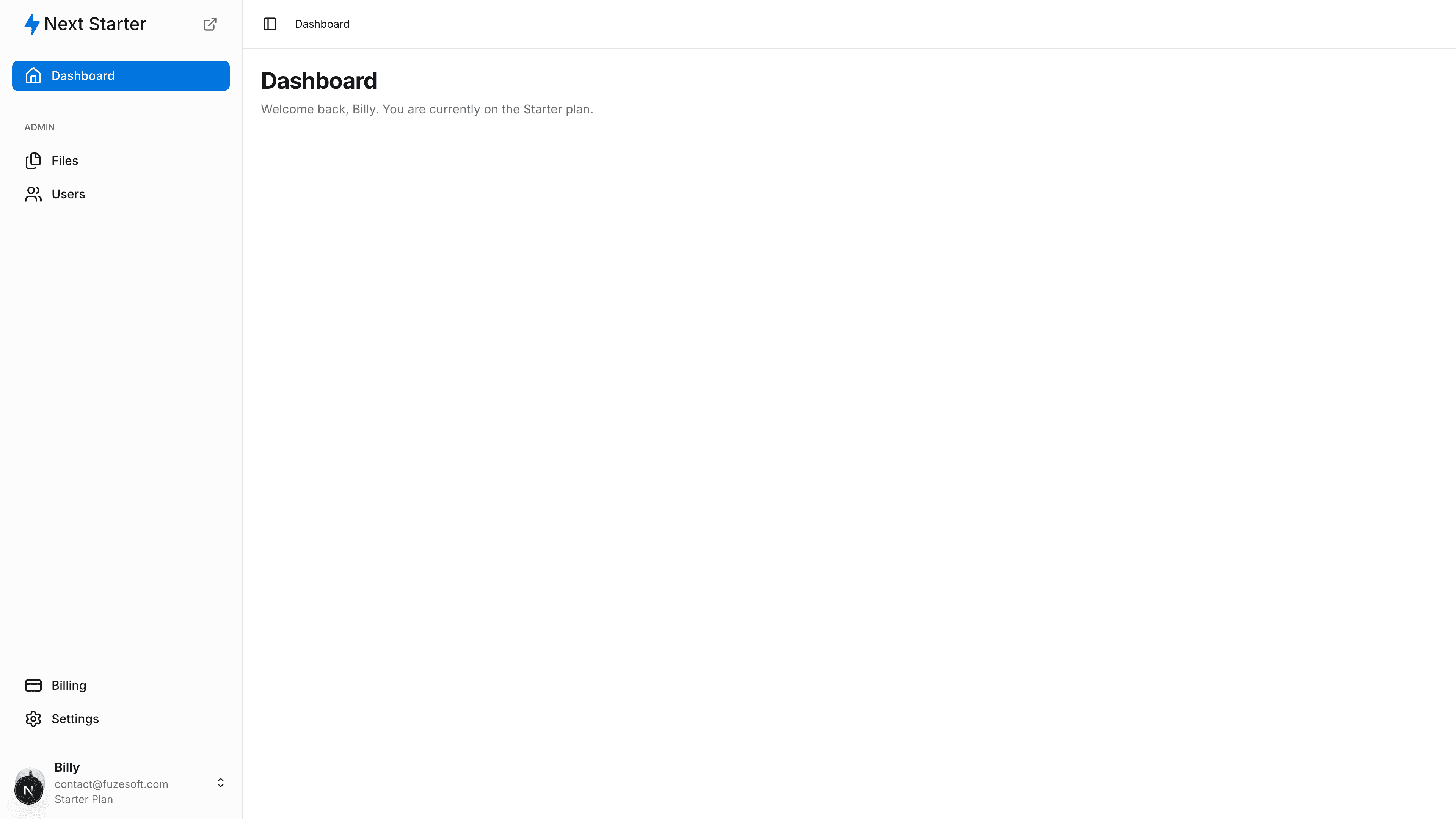 Screenshot of the app's dashboard page showing sidebar navigation with Dashboard, Files, Users, Billing, Settings links and a welcome message